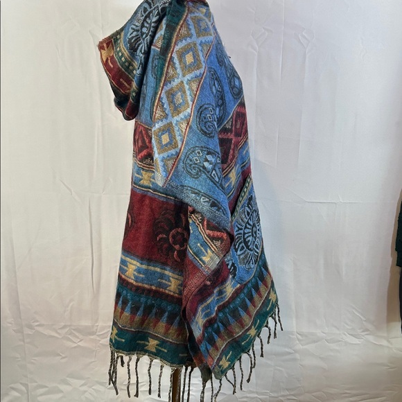 Rhea Boho Blue and Brown Shawl Poncho Fringe Zip Up with hood Oversized - Picture 3 of 6